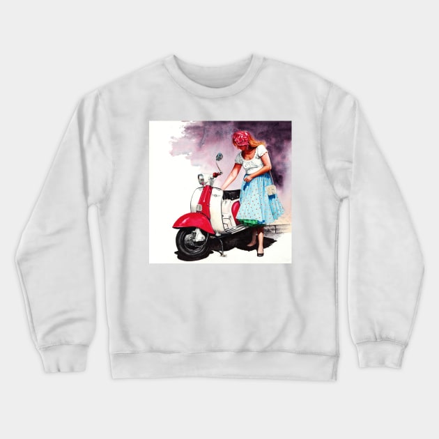 Fifties Lambretta Girl Crewneck Sweatshirt by Mightyfineart